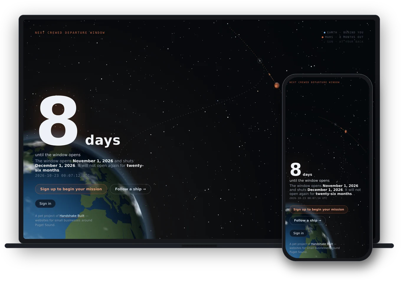 Days to Mars shown on a laptop and a phone